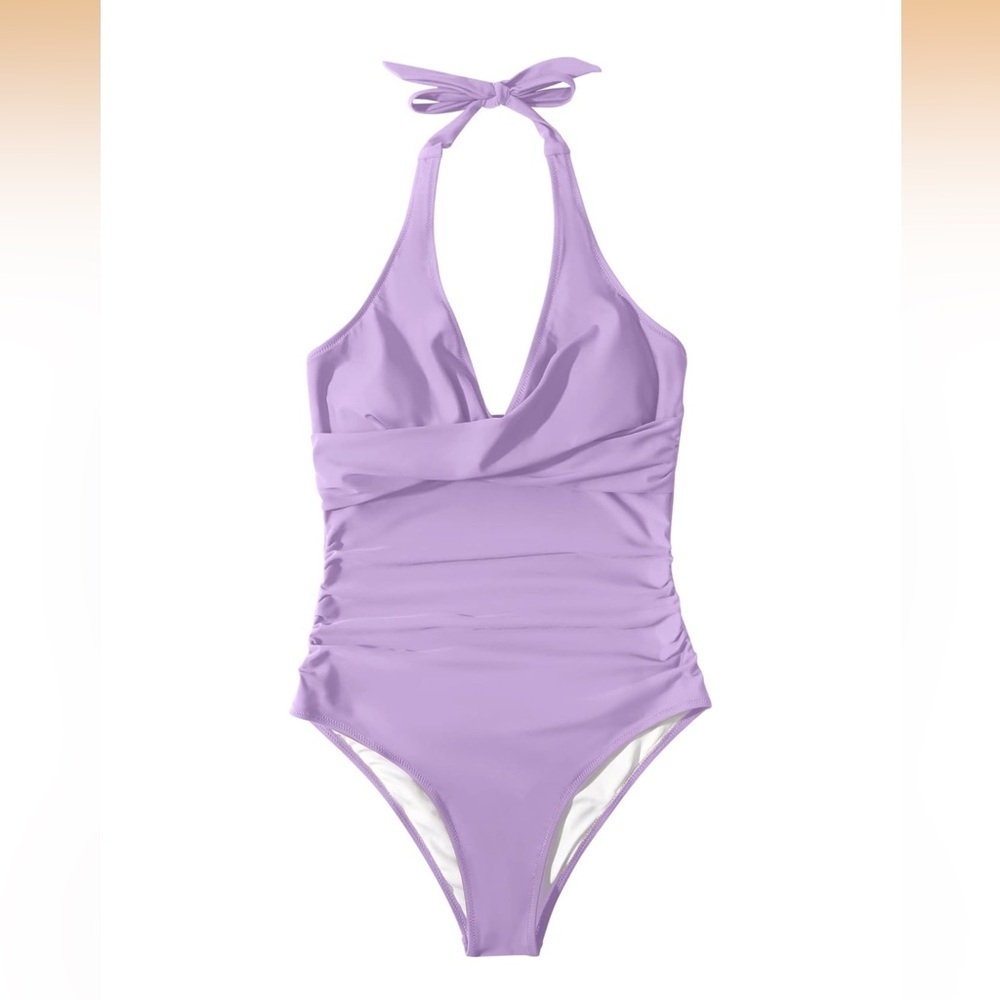 Lavender Ruched Halter One-Piece Swimsuit - Picture 5 of 12